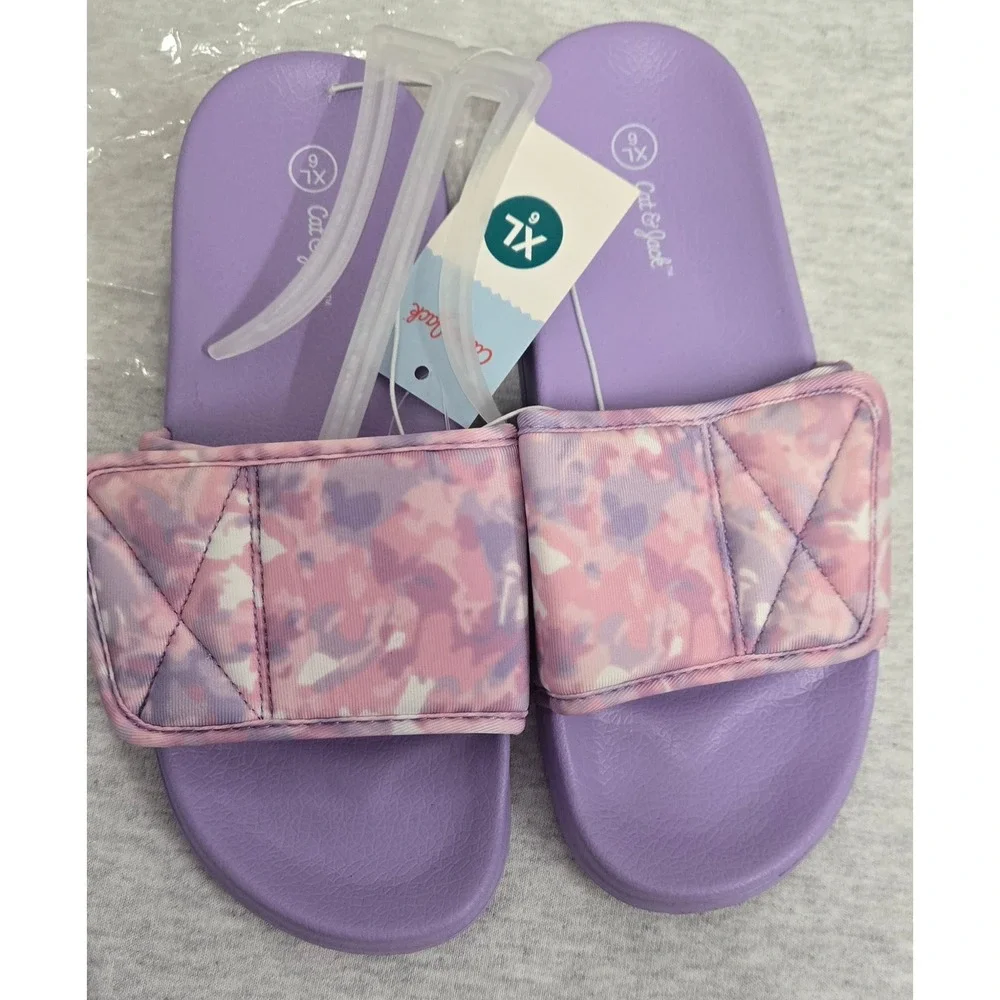 Cat & Jack Girls Purple Camo Quilted Slide Sandals Size XL 6 New With Tags